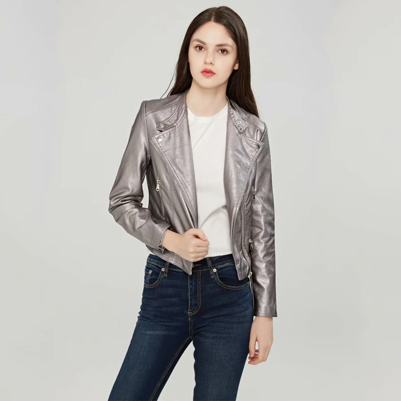 Куртка TMODA254 женская из искусственной кожи верхняя одежда на молнии блестящее