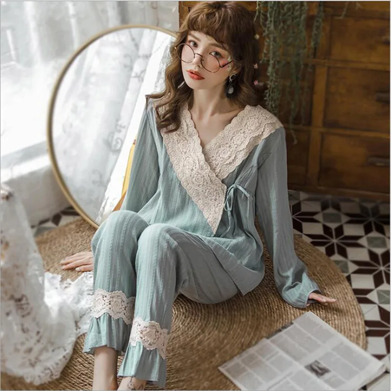 Винтажные женские пижамные комплекты из чистого хлопка Милые пижамы с длинными