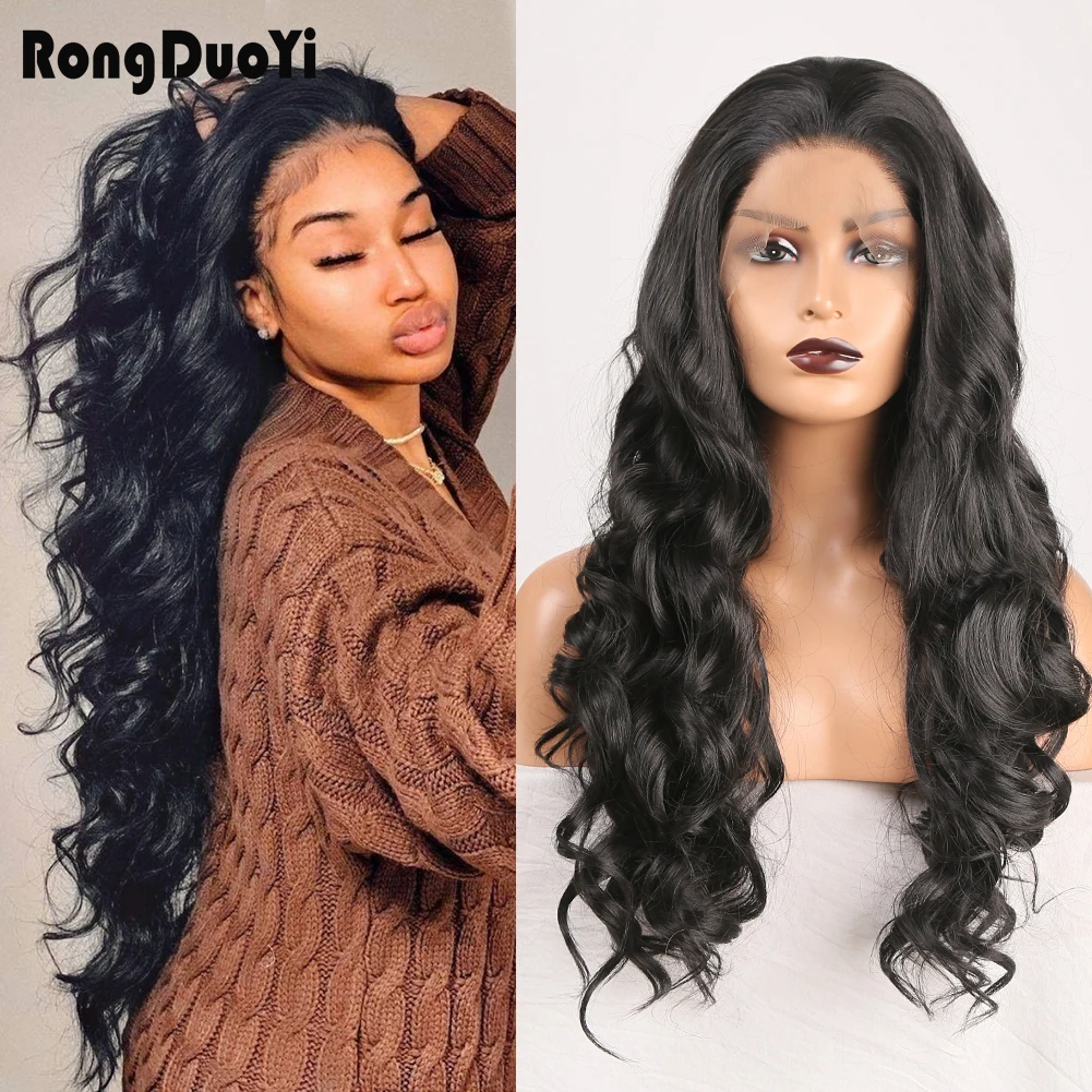 

RONGDUOYI Long Lace Front Wigs for Women Syntehtic Lace Wig Black Wigs Natural Hairline Body Wave Party Wig High Temperature
