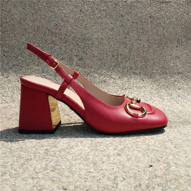 

KccoK2021spring summer new 7CM high heel shoes horse buckle square head cowhide sandal shoes