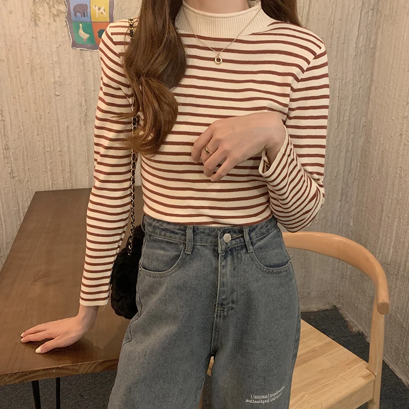 

Mock Neck Sweater Women's Slim Fit Slimming Inner Autumn and Winter 2020 Korean Style Western Style Striped Top Long Sleeve