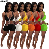 gsuwoo summer women lace up tank top shorts sets solid color sexy elastic breathable two piece sportwear hot girl street clothes