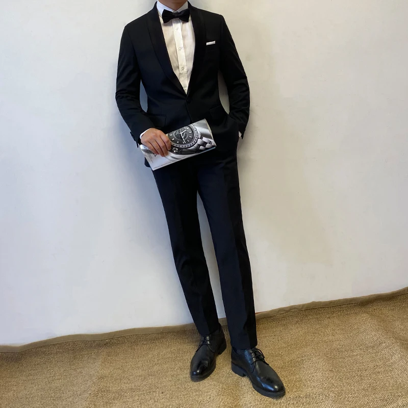 

Мужской костюм черного цвета для свадебного ужина, смокинга, пиджак ручной работы, индивидуальный пошив, шаль, лацкан, одна пуговица