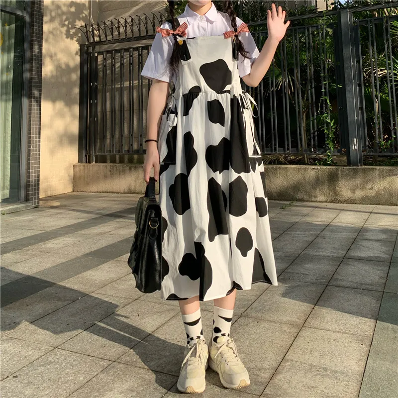 

Kawaii Cow Print Skirt Women Summer Japanese Soft Girl Preppy Style Harajuku Loose High Waist A-Line Midi Long Suspender Skirts