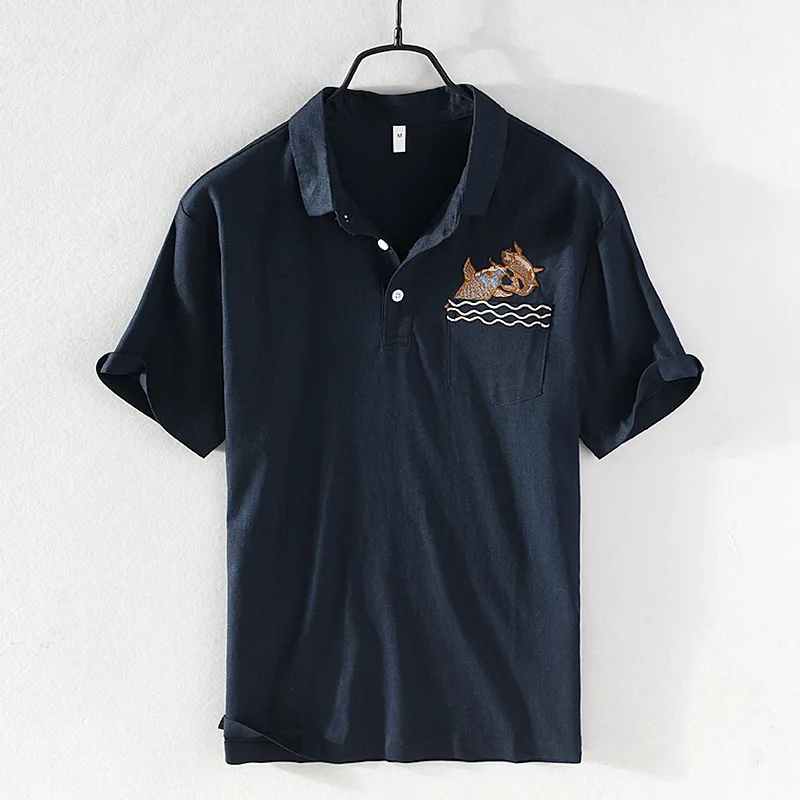 

8075 Summer Men Tshirts Vintage Cartoon Embroidery Slim Lapel Natural Linen Short Sleeves Daily Home Male Casual Pullovers Tops