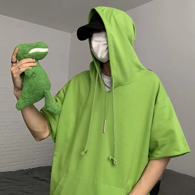 

Summer Hooded Loose Green Men T Shirt Short Sleeve Black Pocket Solid Hip Hop Cool Fashion 2022 New Punk Gothic Style Streetwear