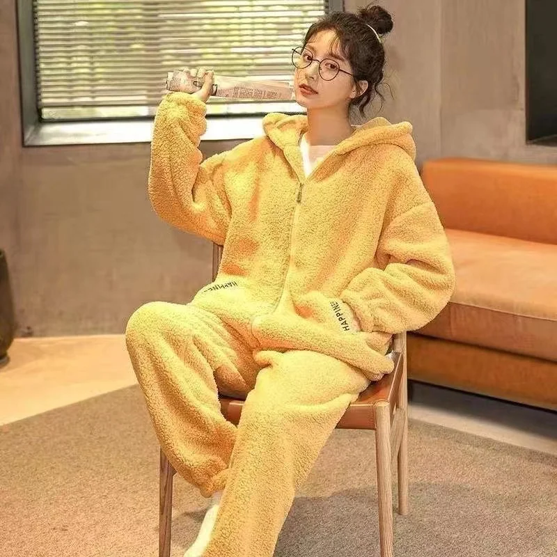 Women Winter Pyjamas Sets Thick Warm Coral Fleece Sleepwear Long Sleeve 2 Pieces/Sets Hooded Home Clothes