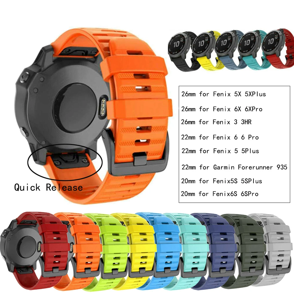 

26 20 22mm Sport Silicone Watchband Wriststrap For Garmin Fenix 6X 6 6S Pro 5X 5 5S Plus 3 3HR Easy Fit Quick Release Wirstband