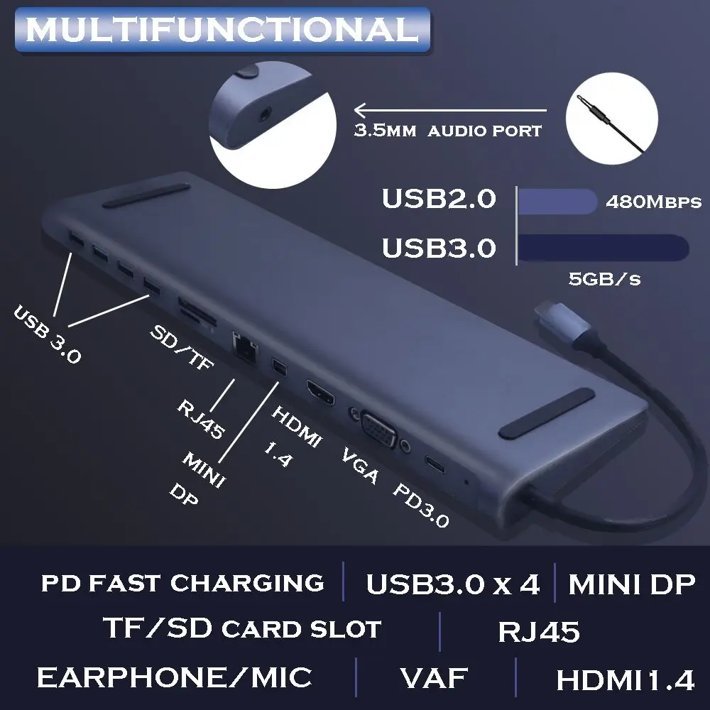 USB C концентратор 12 в 1 Тип с разъемами типа и совместимому HDMI VGA 4 3 0 дисплейный порт