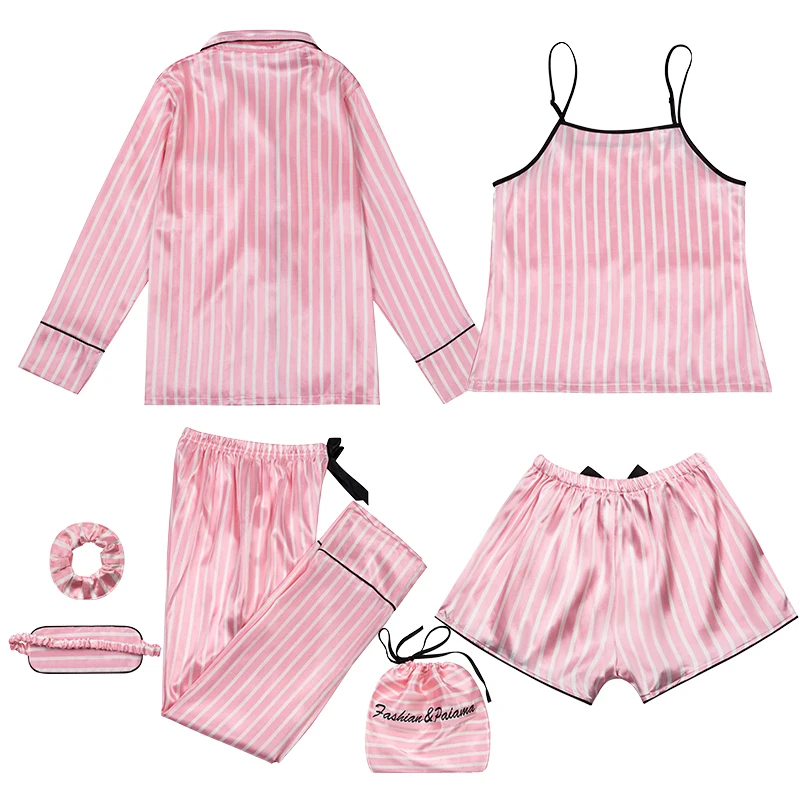 Pink Women's Pajama Set Silk Striped Pyjama Women Sleepwear Autumn Winter Homewear Robe Long Sleeve Nightwear Pjs | Женская одежда