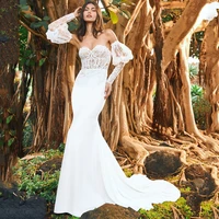 eightree vintage wedding dresses boho strapless tulle applique lantern sleeves satin white mermaid bride gowns 2021 custom size