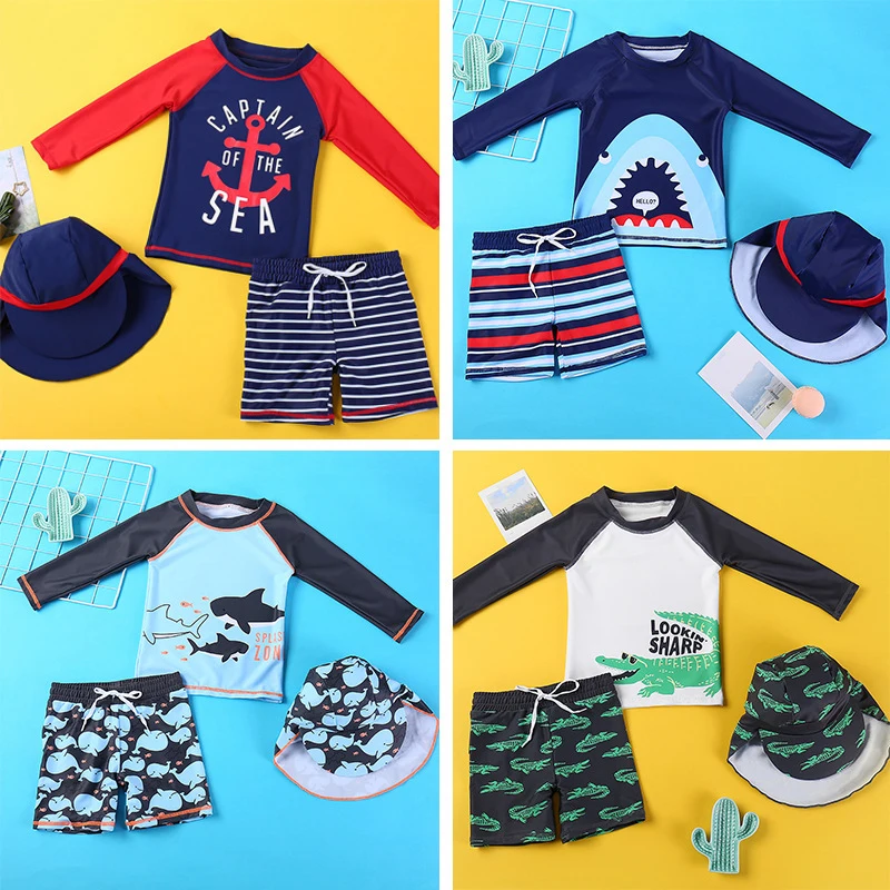 Kids Boy Swimsuit Two-Piece Trunk Beach Cap 2021 Child SwimBaby Striped Shark Long-sleeved Whale Swimwear For Children Swimsuits
