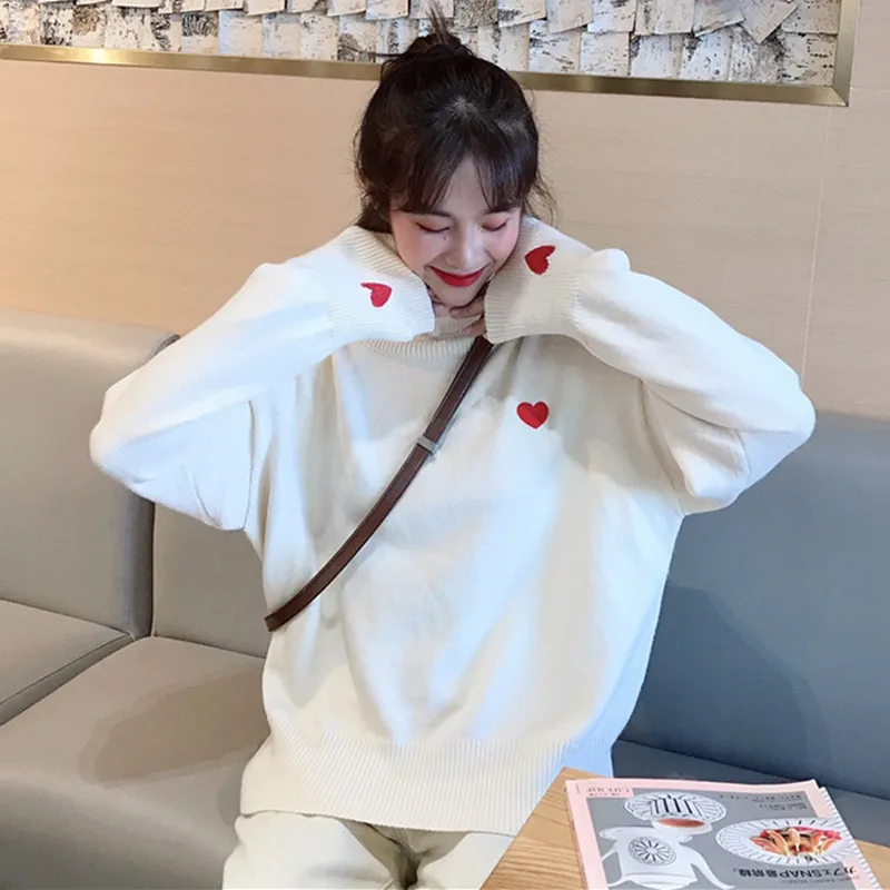 Autumn Winter Korean Sweet Turtleneck Sweaters Women Fashion Cute Love Heart Embroidery Loose Jumper Female All Match Knit Tops | Женская