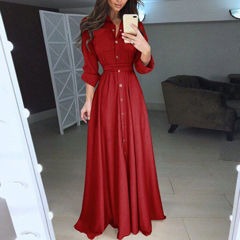 

Fashion New Spring lapel Neck Female Long Dress Spring Elegant Long Sleeve Women Shirt Collar Elegant Dress Loose Chic Vestidos