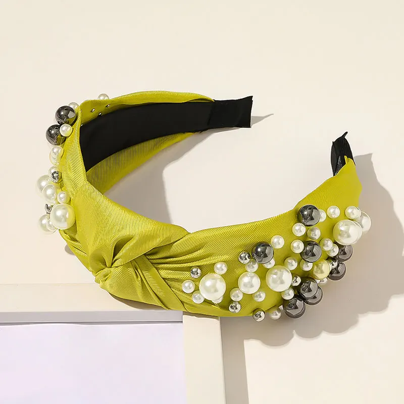 

Full of Artificial Pearls Head Hoop Wide Brimmed Turban Pearl Headband Cross Knot Satin Hair Hoop Pleated Hair Accessories