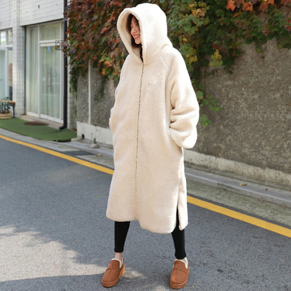 

Warm Women Faux Fur Coat Winter Autumn Slim Lambswool Jacket Outerwear Long Coats Woolen Hooded Coat Parka