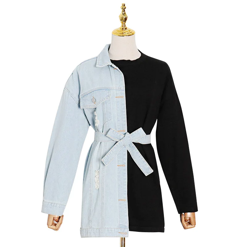 

Tide brand new stitching contrast denim waist fake two-piece vests women winter loose coat women