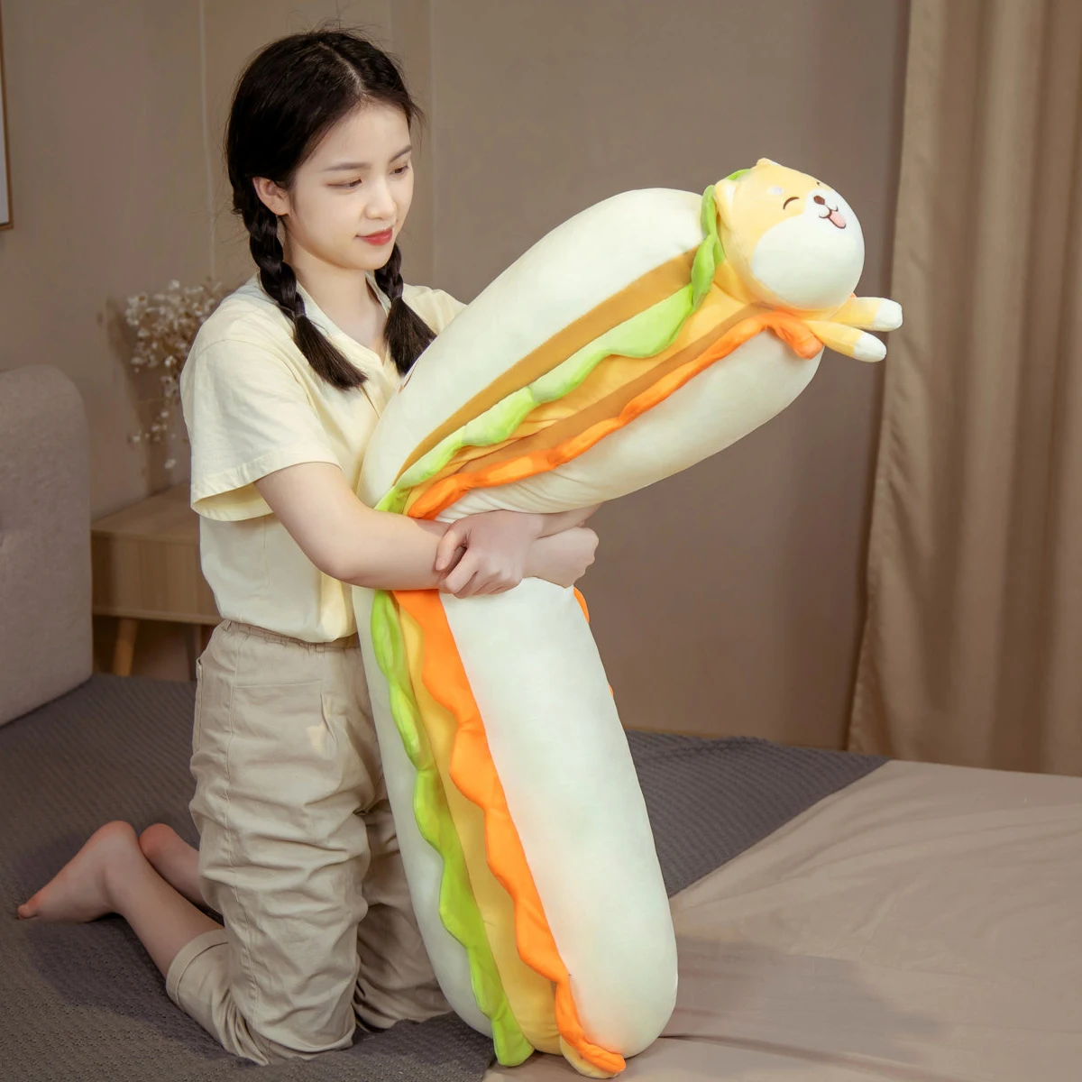 

1pc 40/80/120cm Kawaii Hot dog bun Turn to Shiba Inu & Husky Plush Toys Long Butter bread Pillow Stuffed Soft Toys Lovely Gifts