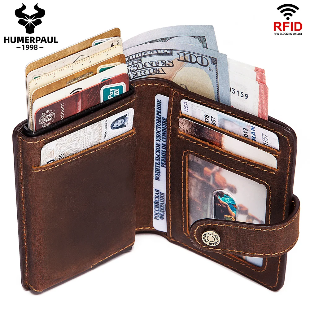 Rfid кредитной карты держатель для карт бумажник Для мужчин Алюминий Pop Up визитница Блокировка чехол Crazy Horse кожа большой держатель кредитной карты держатель для карт Портмоне - изображение