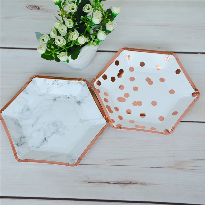 800pcs Gold Dessert Dishes Rose Paper Plates Polka Dot Marble Design Bridal Shower Cake Table Birthday Party Modern Decor|decoration
