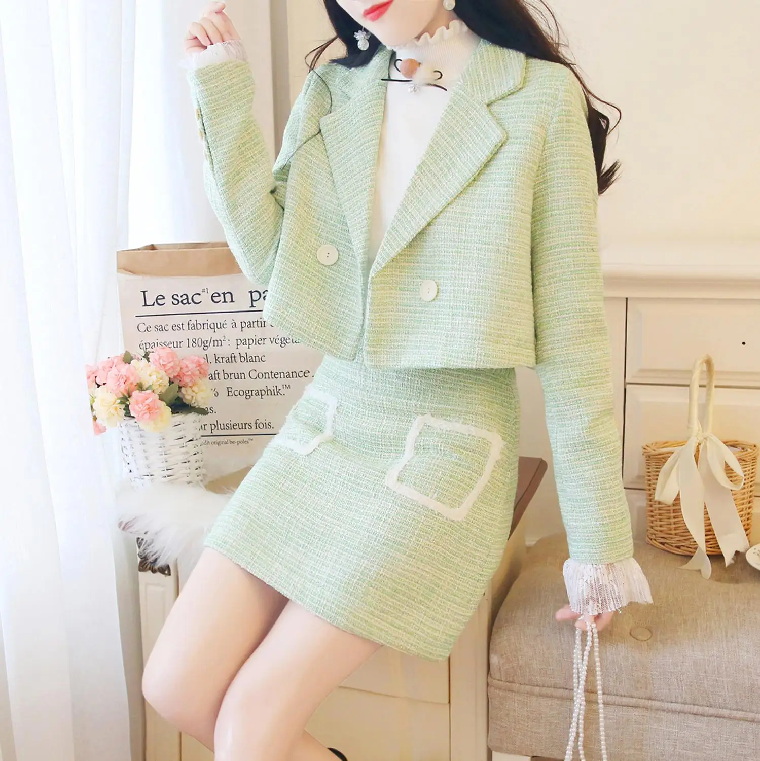 

European Style Autumn Winter 3 Piece Set Women Short Woolen Tweed Jacket Coat & Bodycon Mini Skirt Set Women Three Piece Outfits