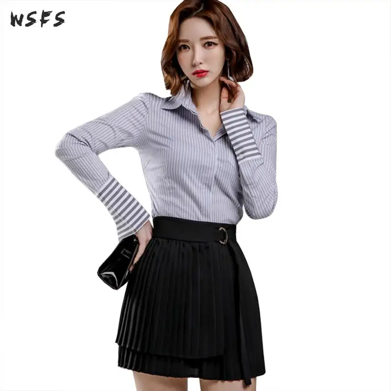 

2 Piece Set Autumn Dress Blue Striped Shirt Tops Womens Clothes Bodycon Bandage Black Pleated Skirt Sexy Party Korean Dresses