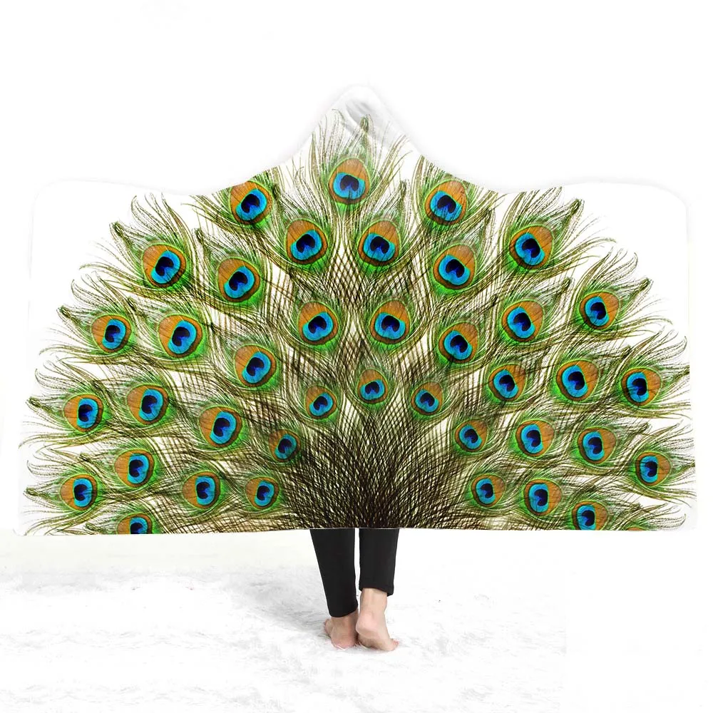 

Free shipping Christmas Gift Bohemian Mandala Peacock Pattern Hooded Blanket Adults Kids Warm Fleece Travel Camping Sofa Throw