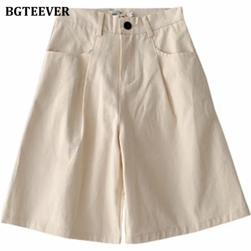 

BGTEEVER Summer High Waist Half-length Women Shorts Casual Wide Leg Loose Women Shorts Pockets 2020 Spring Summer Solid Bottoms