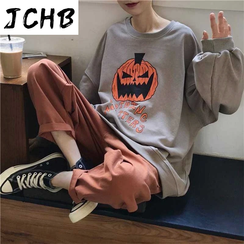 

2021 Harajuku Sweatshirt Women Patchwork Unisex Pullovers Pumpkin Print Jumpers Fake 2 Pieces Streetwear Pull Military Ranger