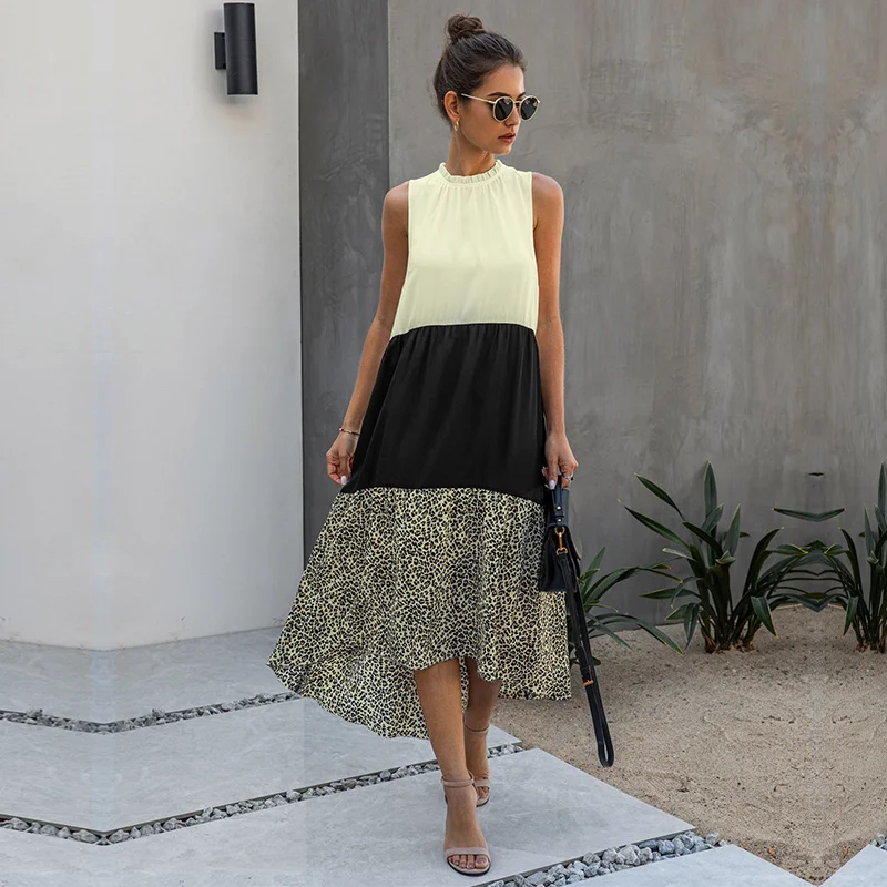 

2021 New Fashion Summer Loose Ruffled Stitching Irregular Dress Women Casual Sleeveless Dress