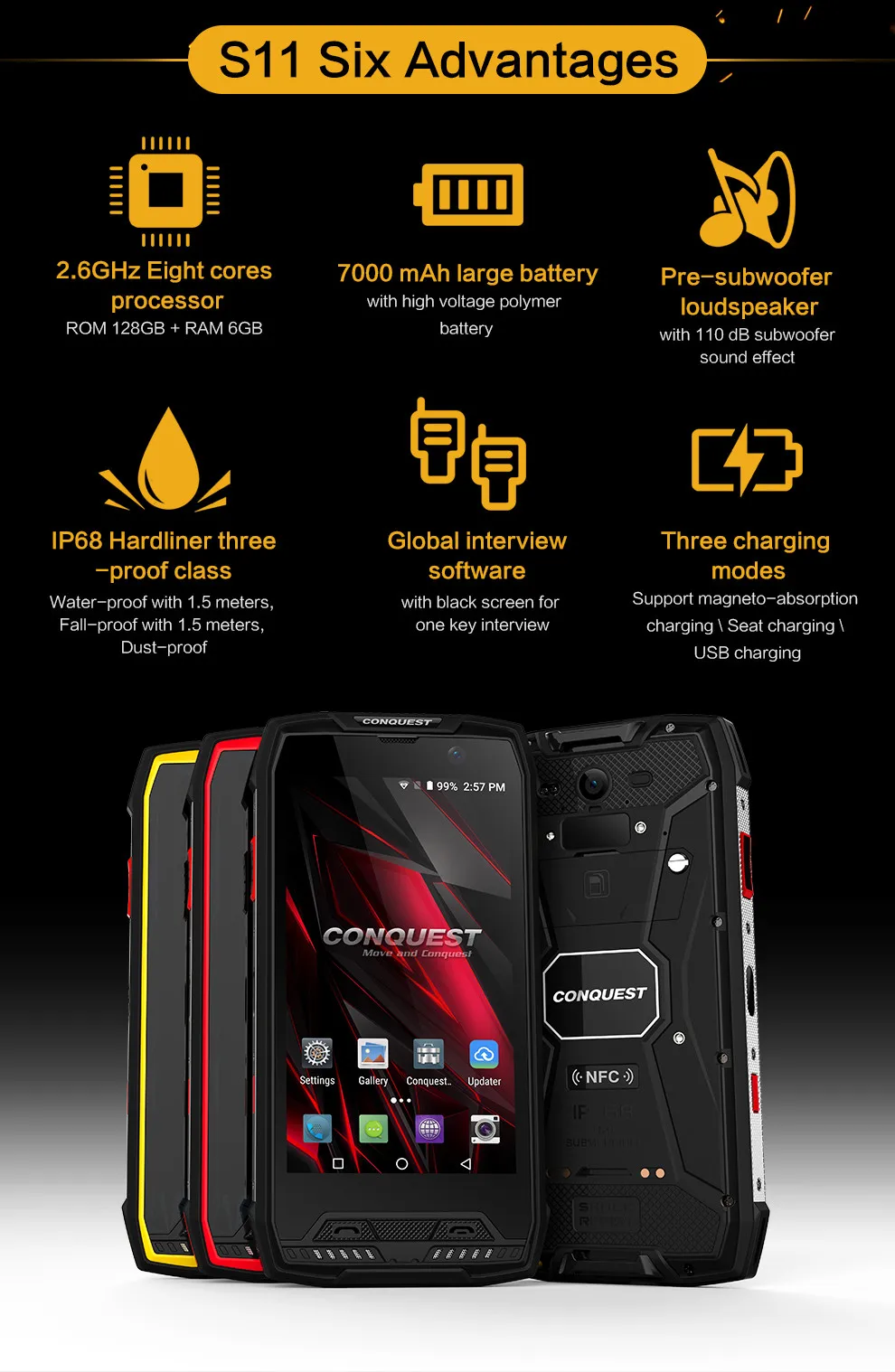 Conquest S11 IP68 прочный смартфон 16 МП 7000 мАч 6 ГБ 128 ГБ Восьмиядерный сканер отпечатков пальцев/распознавание лица NFC OTG Android мобильный телефон