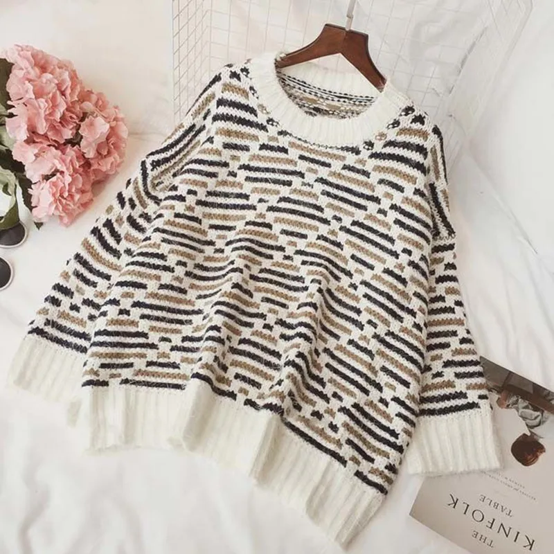 Autumn And Winter New Korean Version Of The Long Section Loose Hooded Mohair Net Red Striped Sweater Women's Clothing | Женская