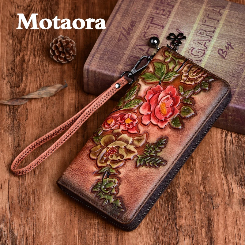 MOTAORA Women's Vintage Wallet Female Long Genuine Leather Wallets New Handmade Embossing Woman's Wallets And Purses Card Holder