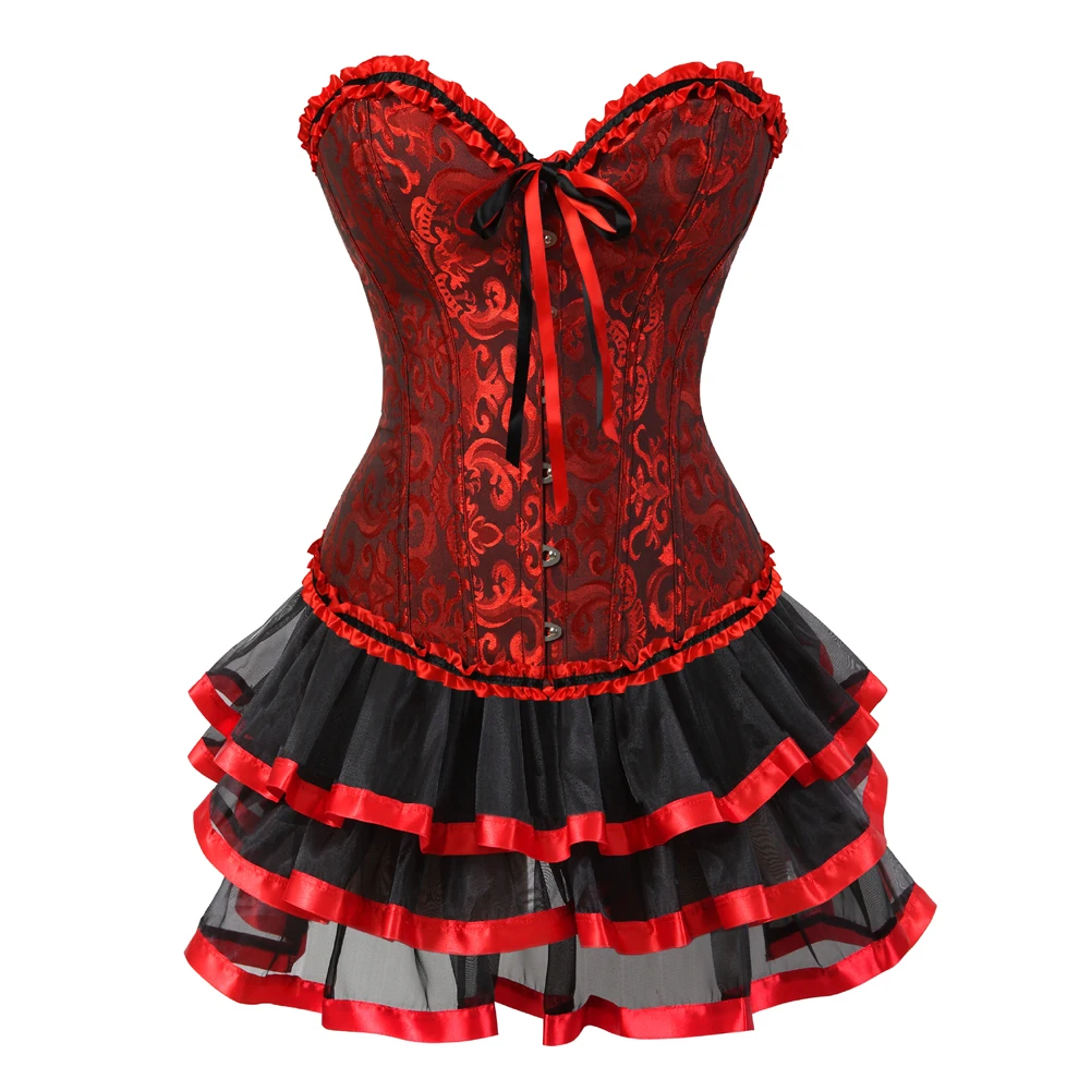 

Vintage Corset Dresse Sexy Lace Up Overbust Corsets Bustiers Top with Mini Tutu Skirt Set Red Showgirls Clubwear Plus Size Red
