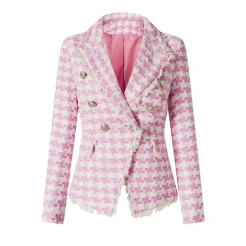 Blazer women's slim suit lattice spring autumn new korean British style jacket short coats retro double-breasted clothes pink