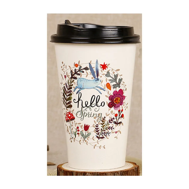 cup and lid 50 шт мультфильм креативная одноразовая кофейная чашка 500 мл вечерние день рождения холодные и горячие напитки толстый молочный бумажный стаканчик для чая с крышкой - Цвет: cup and lid
