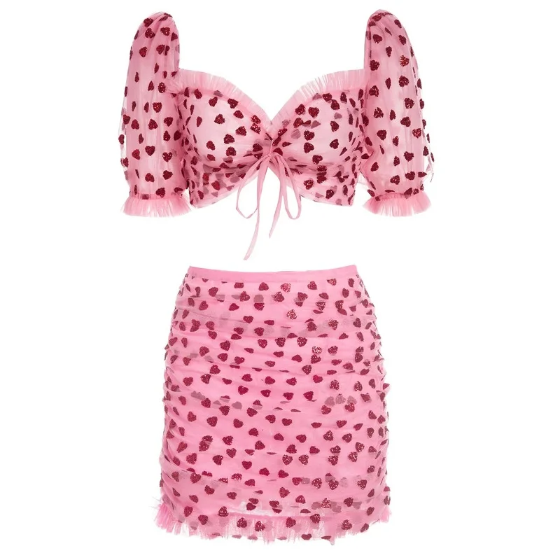 

Elegant Two Piece Set Women Red Heart Cascading Ruffle Design V-neck Lace Tops and Skirt Set Sweet Holiday Outfits