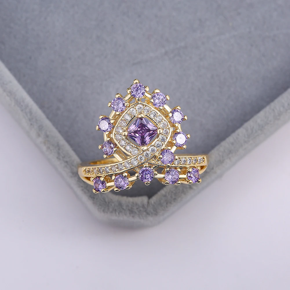 

Charm Female Purple Crystal Stone Jewelry Vintage Gold Color Wedding Rings For Women Luxury Crown Zircon Engagement Big Ring