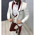 Костюм мужской свадебный из смокинга жениха, приталенный Блейзер, брюки и жилет, с отложным воротником, бело-Красная шаль для выпусквечерние вечера, 3 предмета