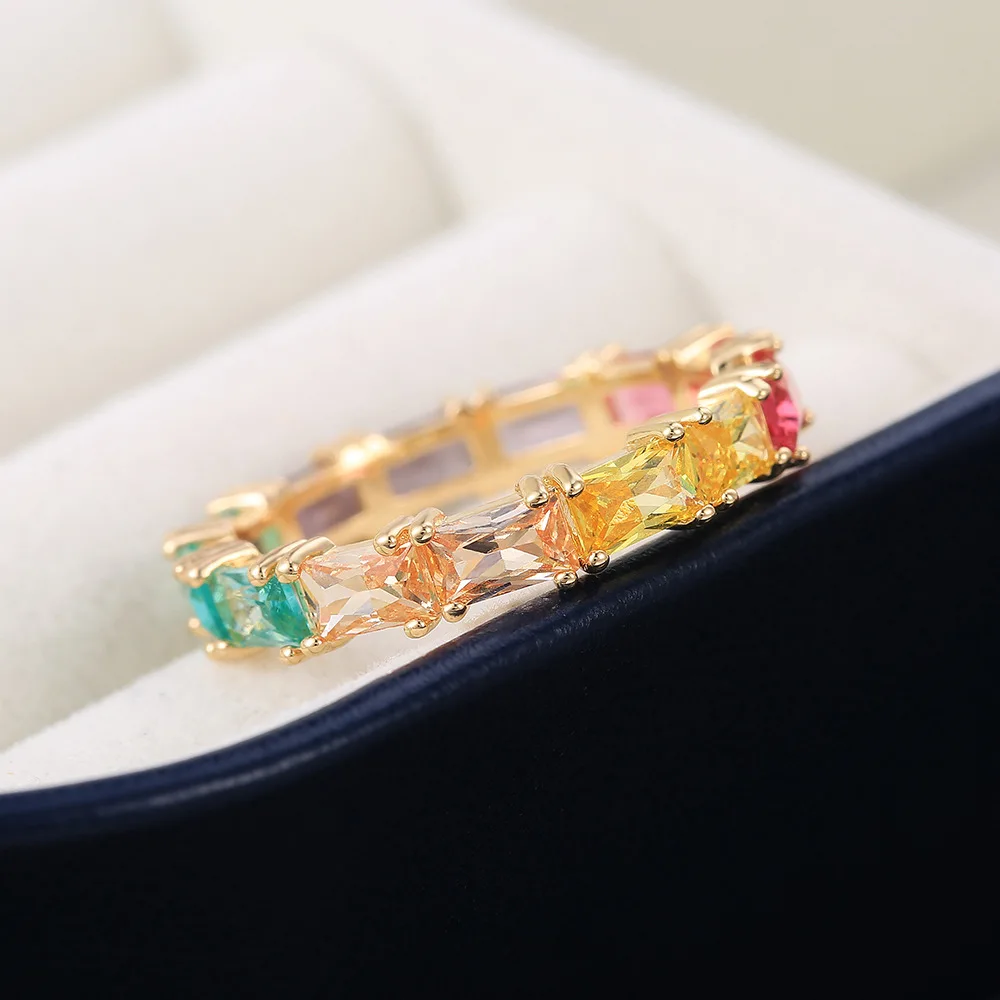 

Luxury Gold Plated Rainbow Zircon Party Ring Square Cut Princess Ring Cocktail Women's Ring Wedding Engagement Ring Jewelry Gift