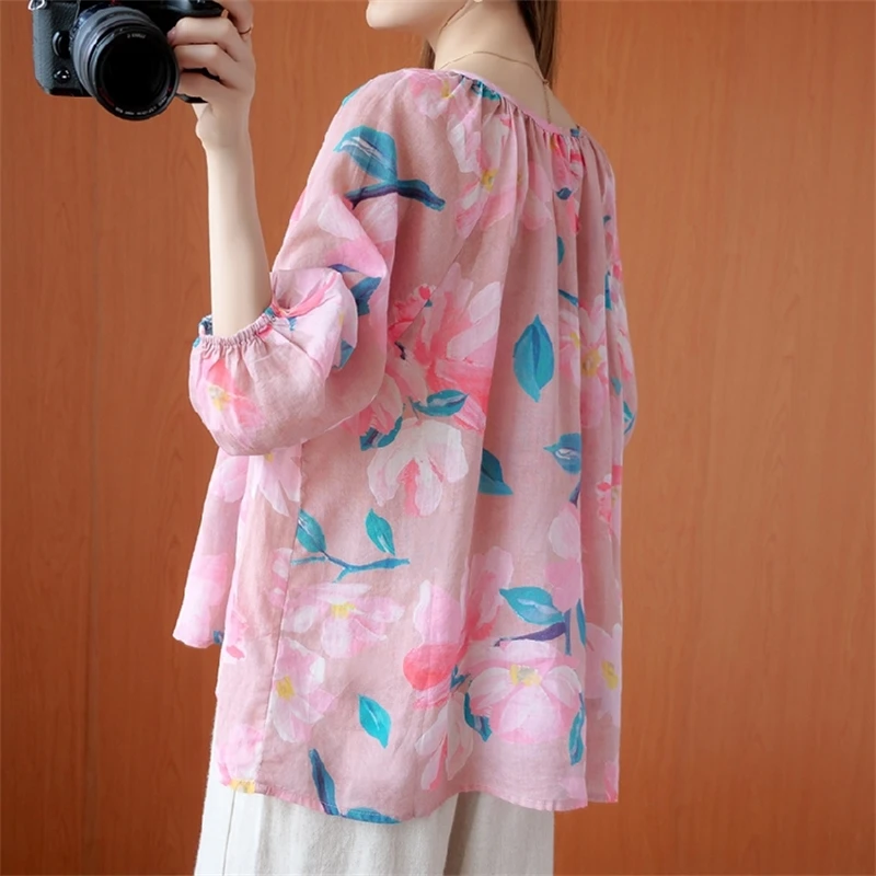 

Fresh Printed Ramie Top Women's Loose-Fitting Peasant Blouse plus Size Cotton and Linen Women's Three-Quarter Sleeve V-neck
