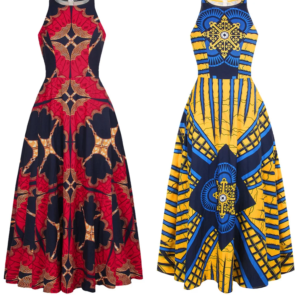 

Fashion Printing Women's O-neck Sleeveless Dress African Style Nightclub A-shaped Maxi Dress Women's Africa Robe Africaine