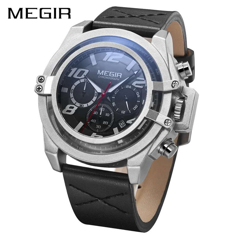 MEGIR New Fashion Mens Watches Top Brand Luxury Big Dial Military Quartz Watch Leather Waterproof Sport Chronograph Watch Men