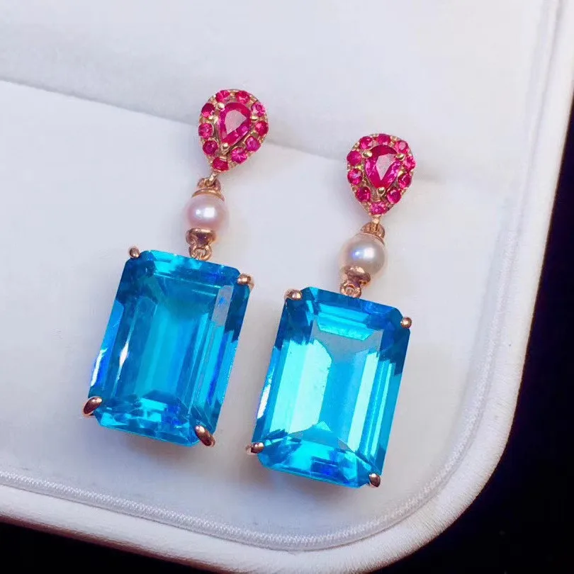 

Fashion Square Blue Crystal Topaz Gemstones Diamonds Drop Earrings For Women Rose Gold Color Luxury Princess Jewelry Accessories