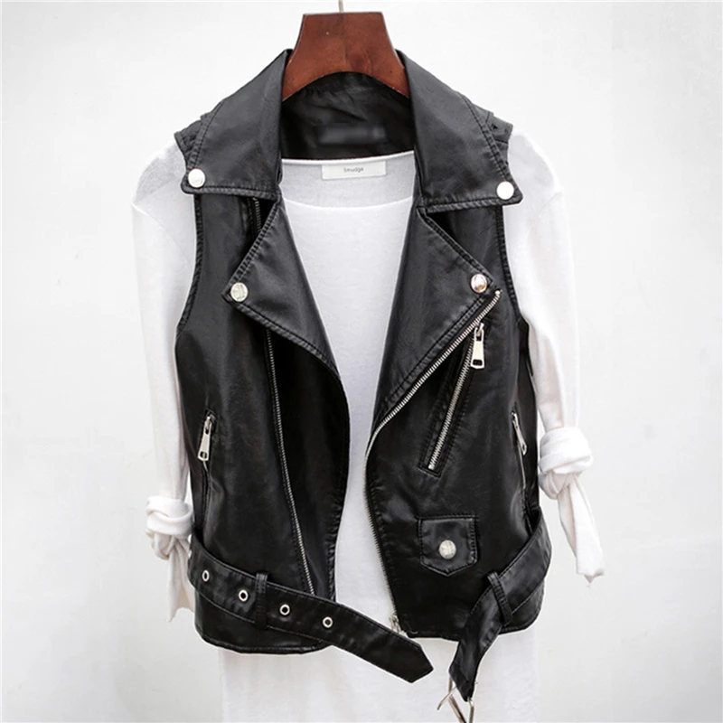

New Spring Autumn Black PU Leather Waistcoat Women Motorcycle Vest Coat Sleeveless Vests Large Size 2XL