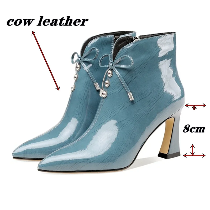 

New Brand Woman Ankle Boots High Quality Genuine Patent Leather Handmade Autumn Winter Short Boots High Heels Boots Woman 34-43