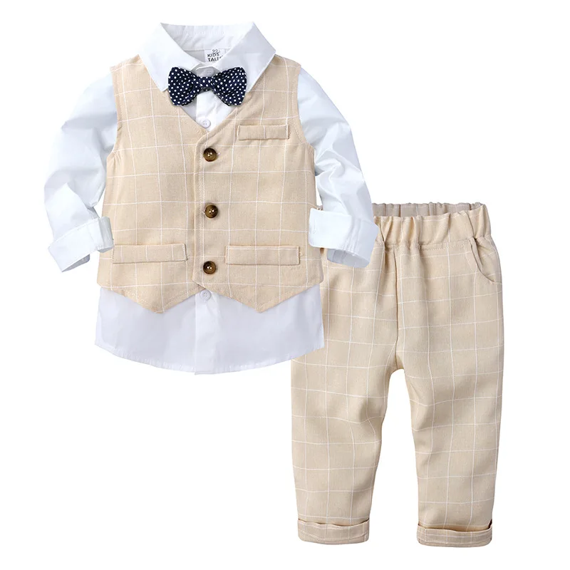 3 Pcs Set Baby Boy Dress Suit T Shirt Vest Pants Toddler Kids Boys Bow Tie Clothes Party Outfit Cotton Wedding Costume for 6M-4T |