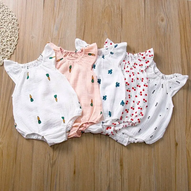 

Newborn Baby Girl Boys One-Piece Bodysuits Flying Sleeve Cactus-Radish Print Jumpsuit