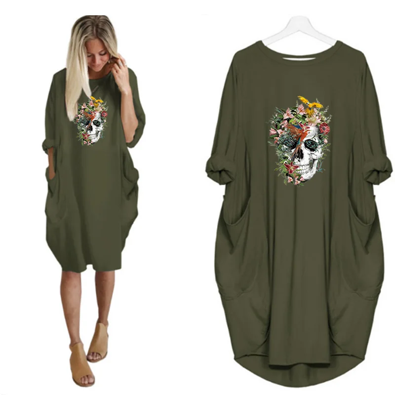 

Halloween Woman's Dress Plus Size Retro Skull Printing Long Sleeve Pocket Casual Clothes Streetwear Fashion Midi Dresses