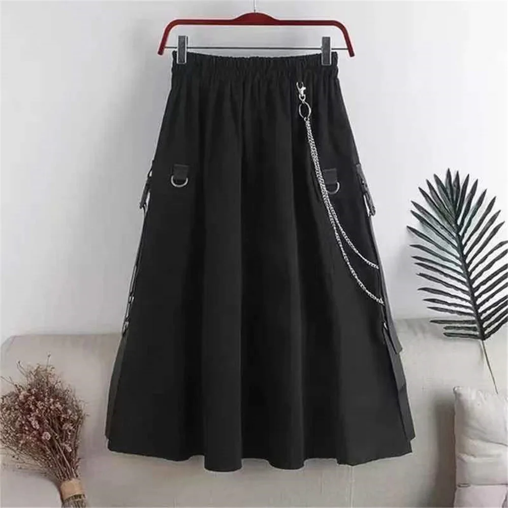 

Harajuku Short Sleeve Loose Drawstrung Tops+Gothic Chain Midi Skirt Black Two Piece Set Summer Korean Style Plus Size Streetwear